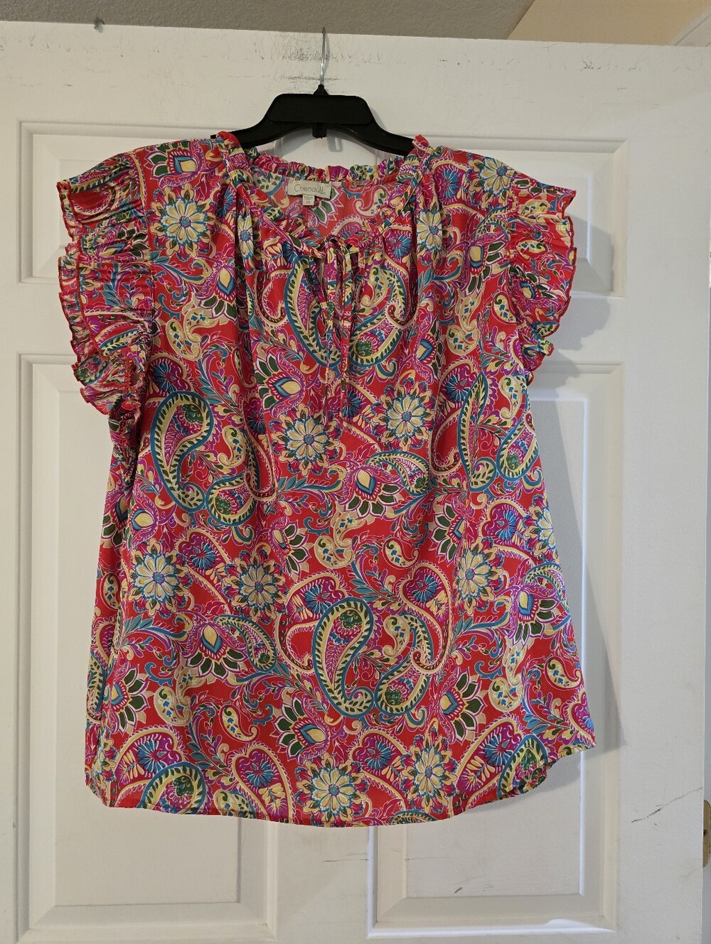 Women's Pink Paisley Floral Ruffled Sleeve Top